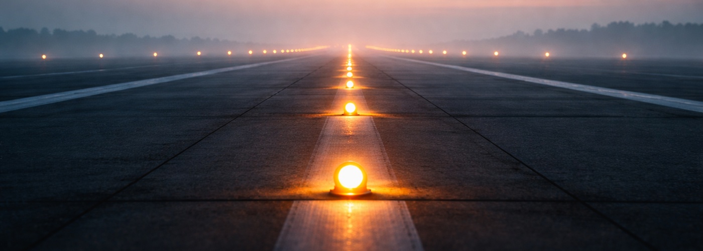 Pista de aterrizaje con luces convergentes al amanecer — expectativas claras marcan la dirección correcta